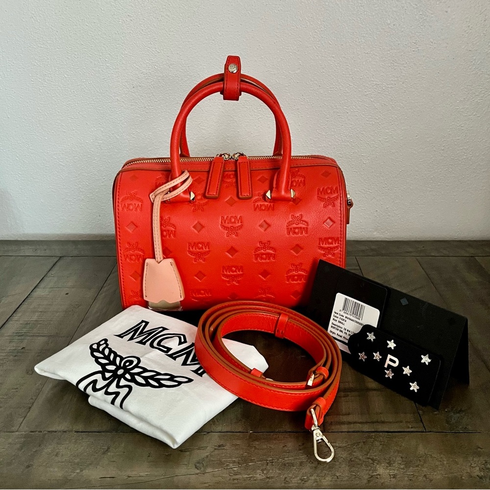 NWT MCM small size Essential Boston in Monogram Leather Fiesta Red